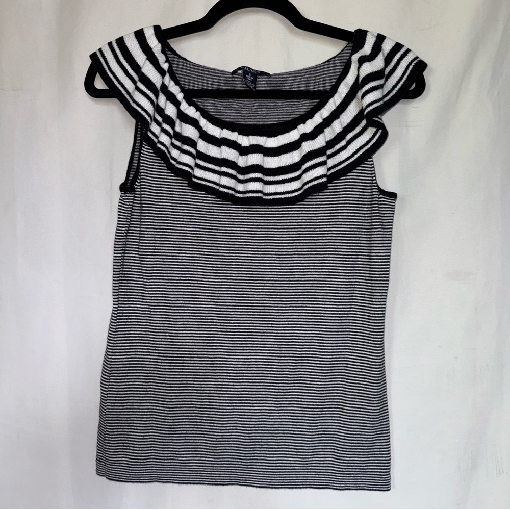 Chaps Black and White Striped Knit cotton sleeveless Top with ruffle size small